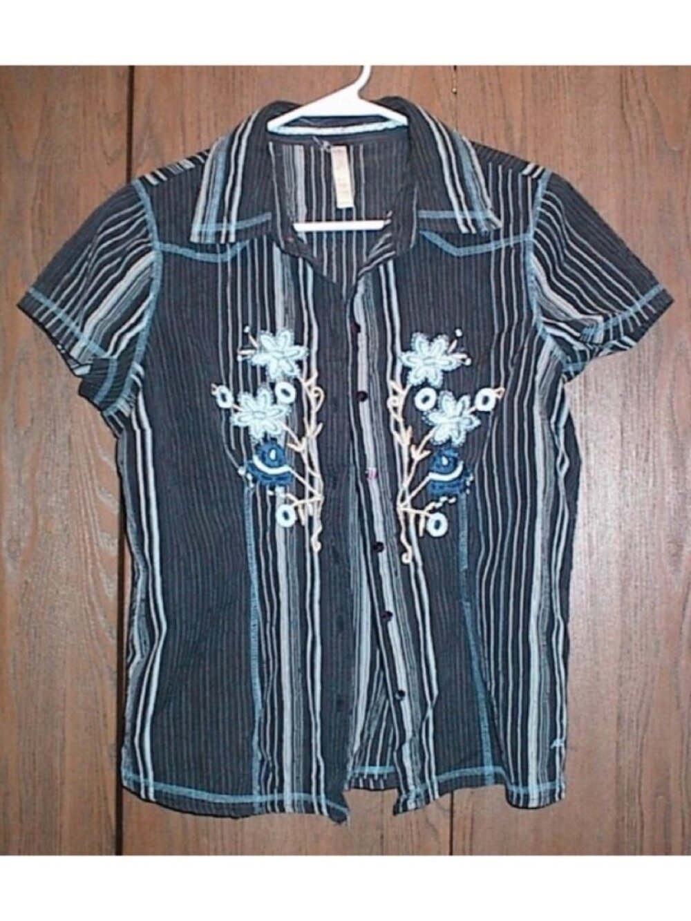 Embroidered Stripe Button-Down Blouse